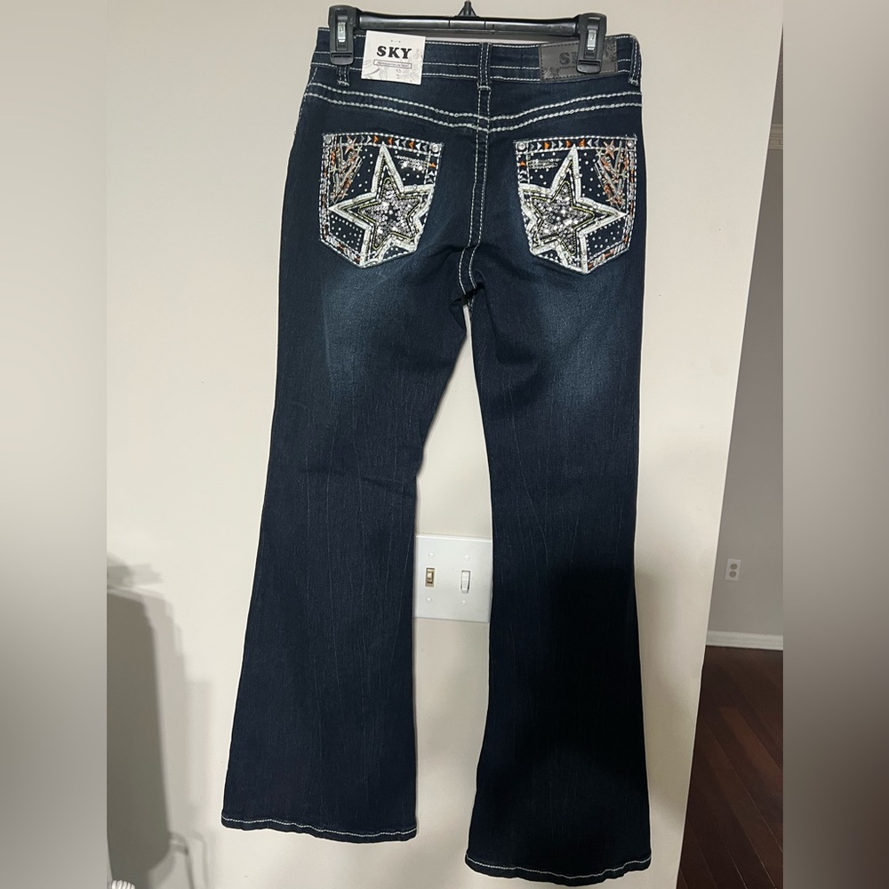 Sky Dark Blue Flare Jeans with Star Embellishments